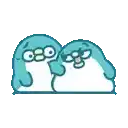 two penguins are standing next to each other and looking at each other .