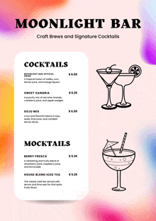 a menu for moonlight bar craft brews and signature cocktails including sweet sangria soju mix and house blend iced tea