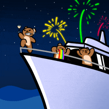 three teddy bears are on a boat watching fireworks