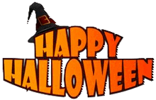 a happy halloween logo with a witch hat on it