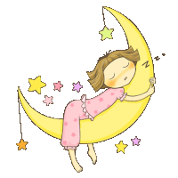 a little girl is sleeping on a crescent moon with stars hanging from it