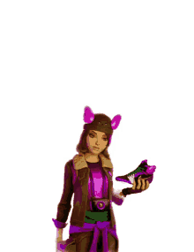 a girl with purple ears is holding a purple item