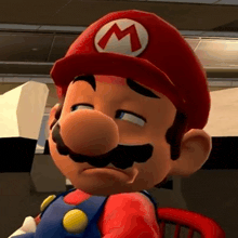 a close up of a cartoon character with a red hat and mustache .
