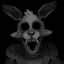 a black and white drawing of a scary bunny with sharp teeth and big eyes .