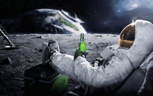 an astronaut is sitting on the moon holding a beer