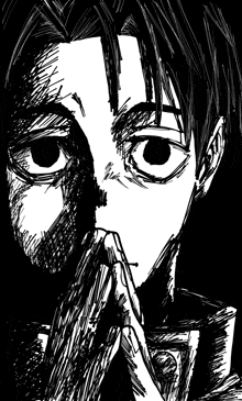 a black and white drawing of a man covering his mouth with his hand