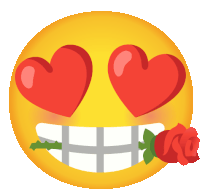 a yellow smiley face with red hearts in its eyes and a rose in its mouth