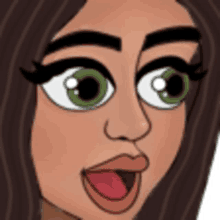 a close up of a cartoon girl 's face with her mouth open and her tongue out .