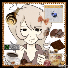 a picture of a girl with a snail on her head and a cup of coffee with the words encounter an alien on it