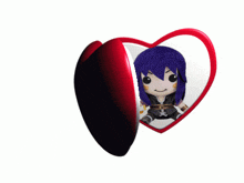 a stuffed animal with purple hair is in a heart shaped container