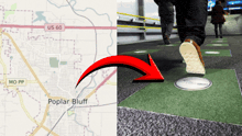 a map of poplar bluff is shown next to a picture of a person walking