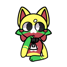 a cartoon drawing of a cat with a green and red shirt on