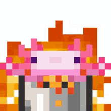 a pixel art of a pink axolotl standing in front of a flame .