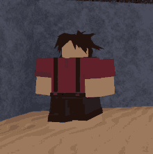 a cartoon character is wearing a red shirt and black suspenders