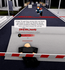 g'day to get free access into our base you have to join our roblox group re - join sandhurst military academy