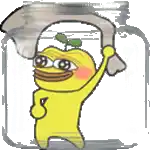 a yellow cartoon character is holding a piece of paper in front of a mason jar .