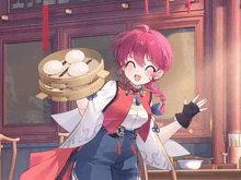 a girl with pink hair is smiling and holding a basket of dumplings