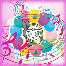 a cartoon drawing of a girl surrounded by music notes and balloons