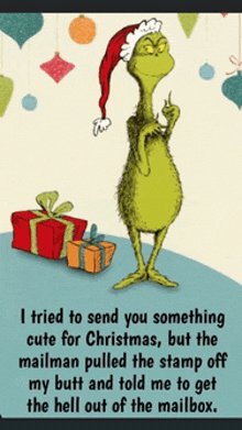 a christmas card with a grinch wearing a santa hat and gifts