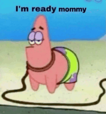 patrick star from spongebob squarepants is tied to a leash on the beach .