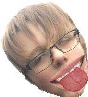 a person wearing glasses has their tongue out