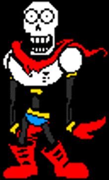 a pixel art drawing of a skeleton with a red cape