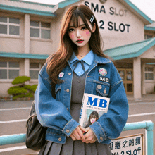 a girl in a denim jacket is holding a book called mb