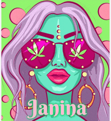 a cartoon drawing of a woman wearing sunglasses with marijuana leaves in her eyes