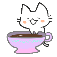 a white cat is sitting on top of a cup of coffee