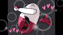 a pink and white cartoon character is surrounded by hearts and bubbles