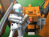 a robot holding a newspaper with the time 2:26 fa 2d