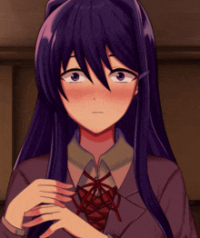 a purple haired anime girl with a red bow on her tie