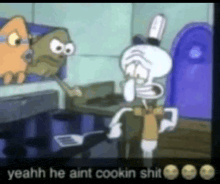 squidward from spongebob squarepants is standing in a kitchen talking to a fish .