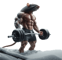 a rat with muscles is holding a barbell in the snow