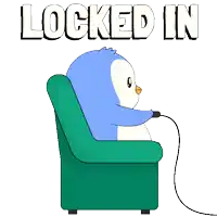 a cartoon penguin is sitting in a chair with the words locked in behind him