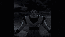 a black and white drawing of a man in a dragon ball z outfit standing in a field .