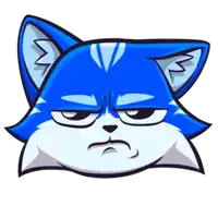 a cartoon drawing of a blue cat with an angry face