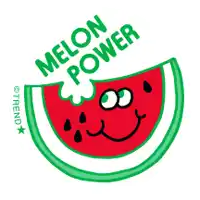 a cartoon watermelon with a face and the words melon power on it