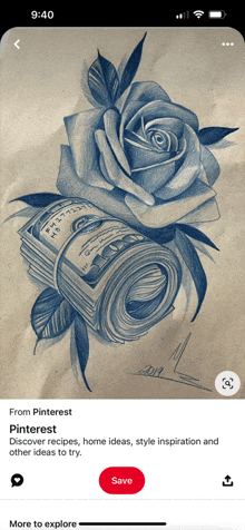 a drawing of a rose and a stack of money on a phone screen