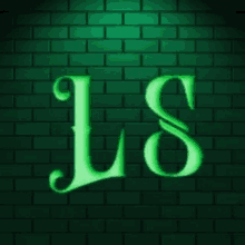 a green brick wall with the letter ls glowing in the dark .