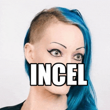 a woman with blue hair has the word incel written over her face