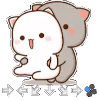 a cartoon cat is hugging a white cat with arrows pointing in opposite directions .