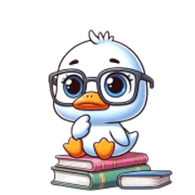 a cartoon duck wearing glasses is sitting on a pile of books .