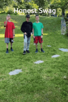 three boys are standing in a grassy field with the words honest swag on the bottom