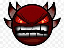 a red devil smiley face with red eyes and horns on a checkered background .