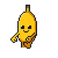 a pixel art drawing of a banana with a face and arms .