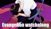 a man is sitting in a chair with his head in his hands and the words evangelion watchalong written on the bottom .