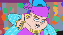 a cartoon character wearing a purple hat and a gold bracelet with the letter e on it