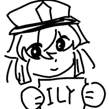 a black and white drawing of a girl wearing a hat and the word oily below her