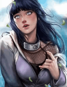 a close up of a painting of a girl with blue hair and a necklace .